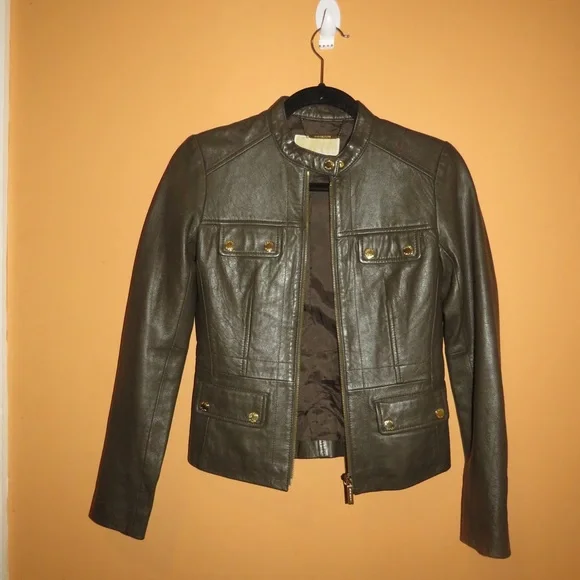 Michael Kors Green Leather Moto Jacket Fitted Cropped Design